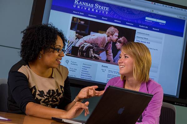 Two individuals discussing content from a laptop